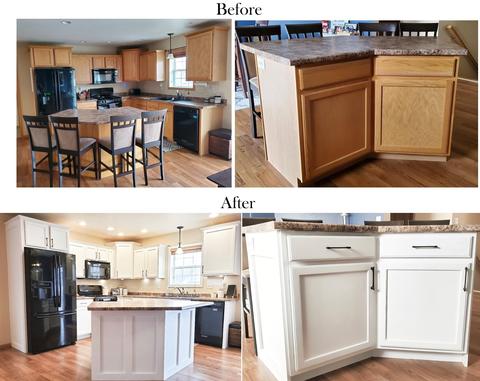 before and after photo colleague with wood cabinets refinished in white and a black fridge