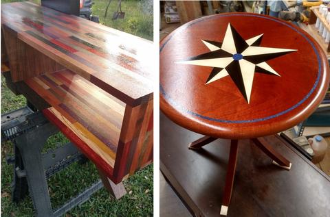 multiple wood grain projects finished with Aqua Coat products one ornate side table in a cherry red finish and a multi wood table