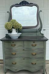 Refinished Armoire in rustic sage green with three drawers and a mirror