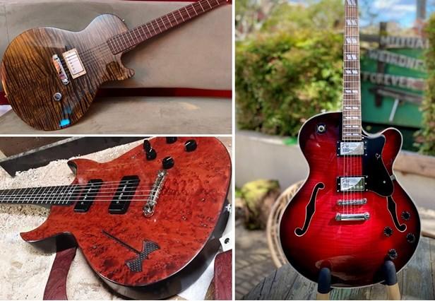 three photo colleague of guitars one red one burnt orange and one with brown and black stripes