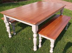 Wood finished Table and benches with white legs finished by a Happy Long Time Aqua Coat Customer