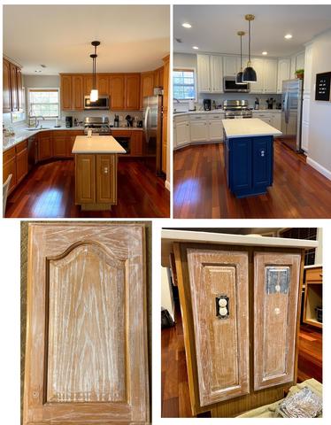 DIY kitchen remodel before and after showcasing grain filler before painting cabinets white and a blue center island